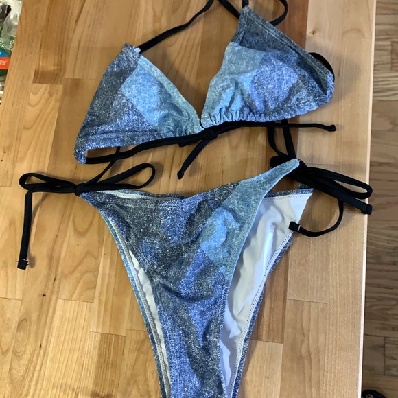 Blue Boho Patch Color Block Brazilian Lined Bikini New - Picture 4 of 12